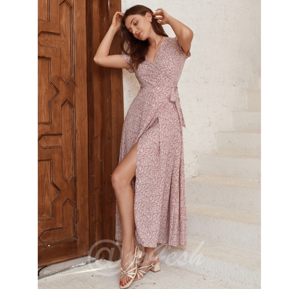 Dusty Pink Floral Print Long Wrap Dress - Picture 4 of 14